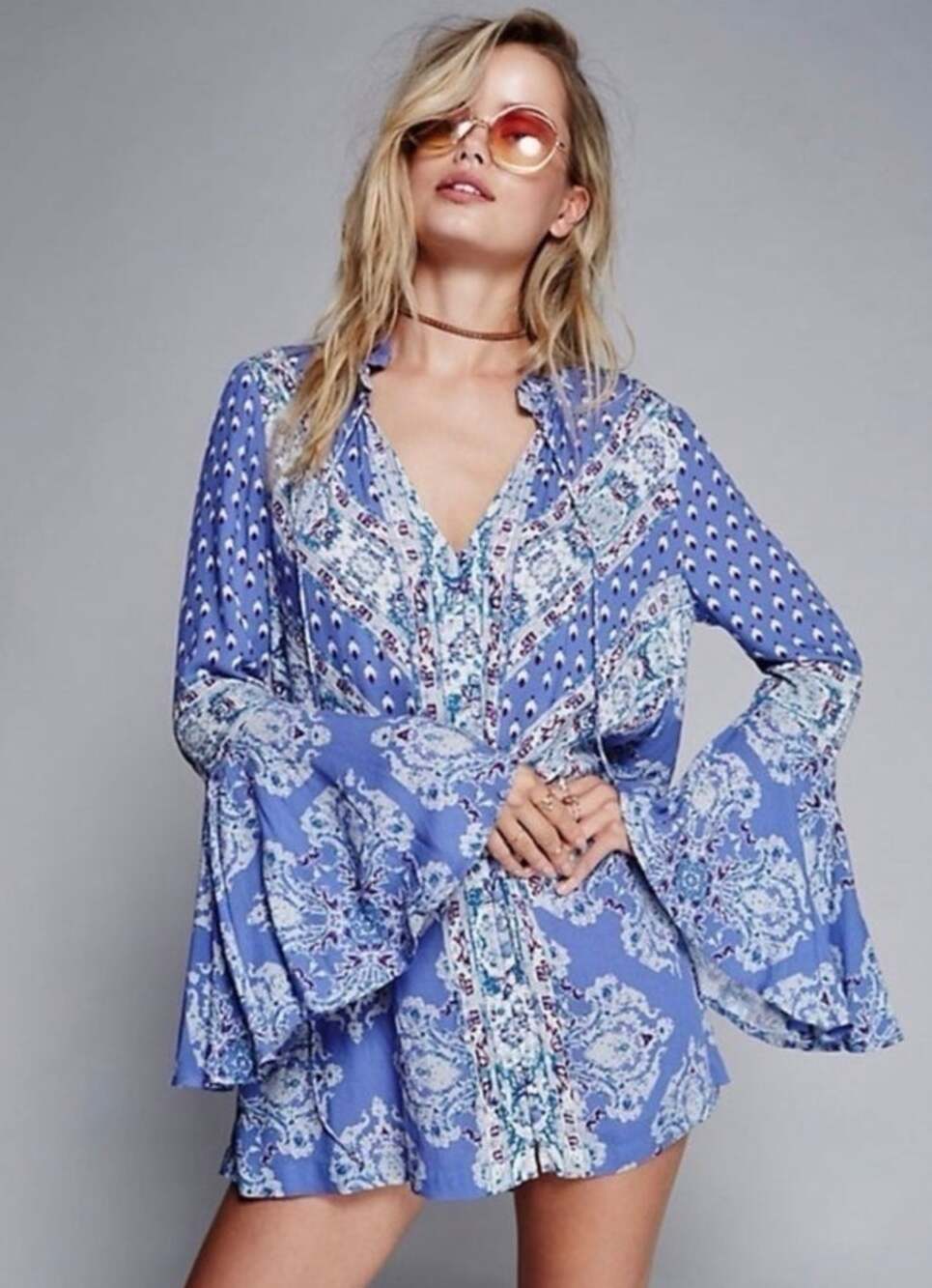 Free People Magic Mystery Mix Print Witchy Bell Sleeve Retro Mini Dress Medium